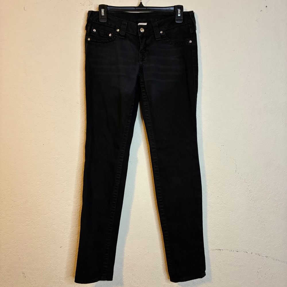 True Religion Womens Black Skinny Jeans Crystal Studded Low Rise 27x32 USA Biker
